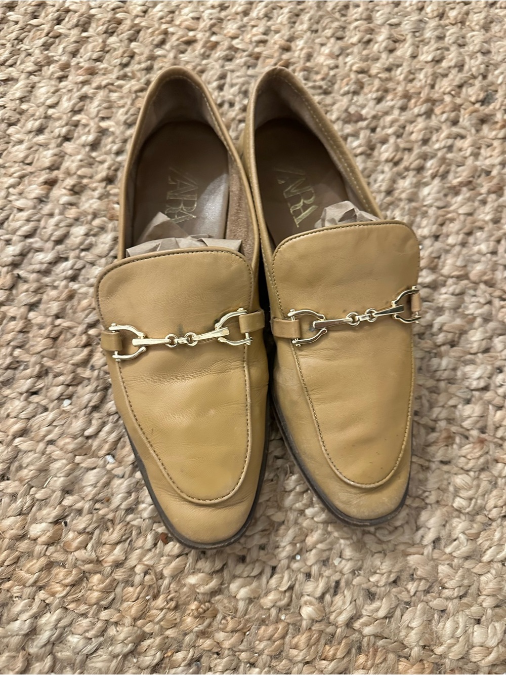 Zara Mustard-Tan Leather Loafers with Gold Horsebit
